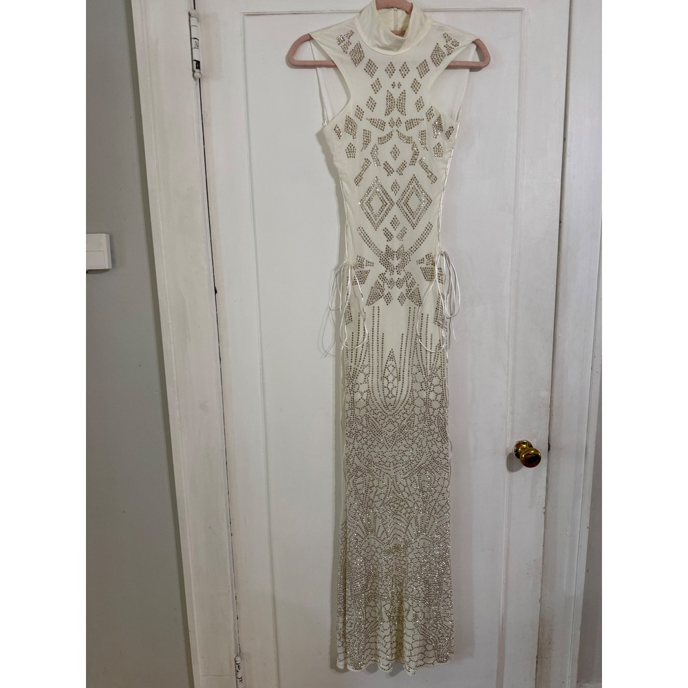 A'GACI White Gold Studded Mock Neck Lace Up Side Maxi Dress Small